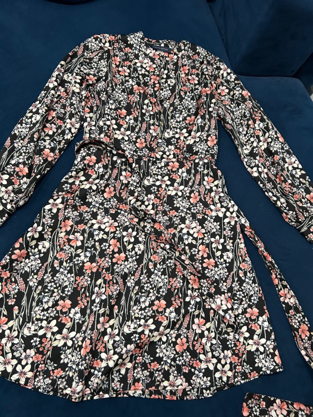 Tommy Hilfiger Black Floral Long-Sleeve Wrap Dress with Pink & White Blooms